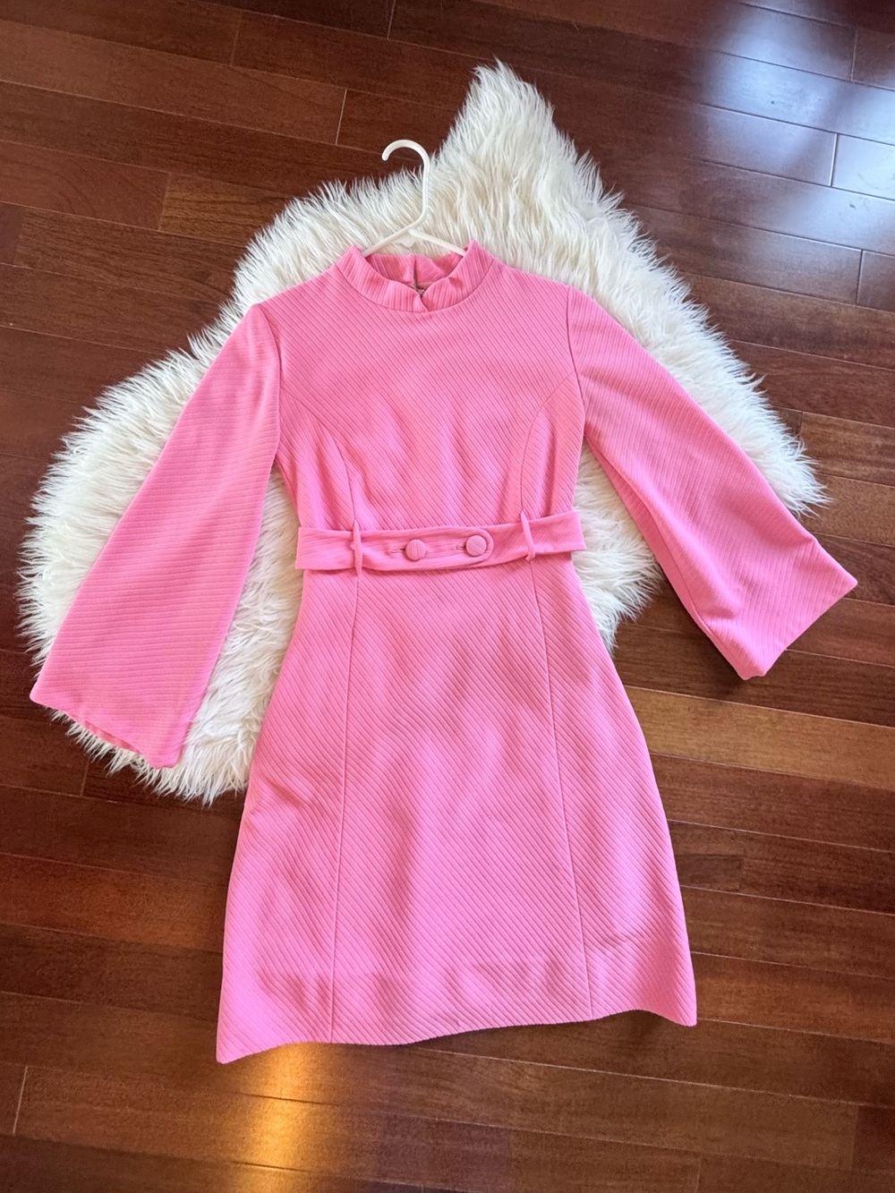 VINTAGE 60s mod bell sleeve mock neck Barbie/bubblegum pink belted A-line dress
